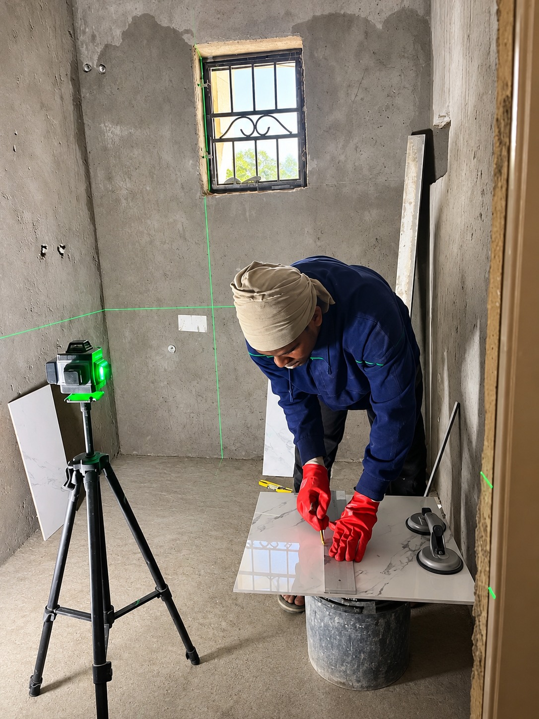 Tile artisan setting out floor with green laser level