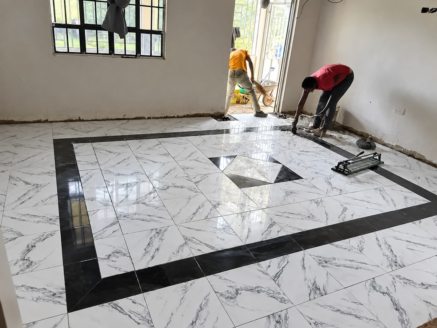Living room tile layout with center medallion