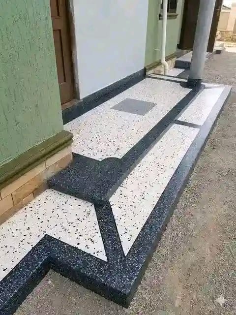 Front veranda with custom terrazzo borders and steps